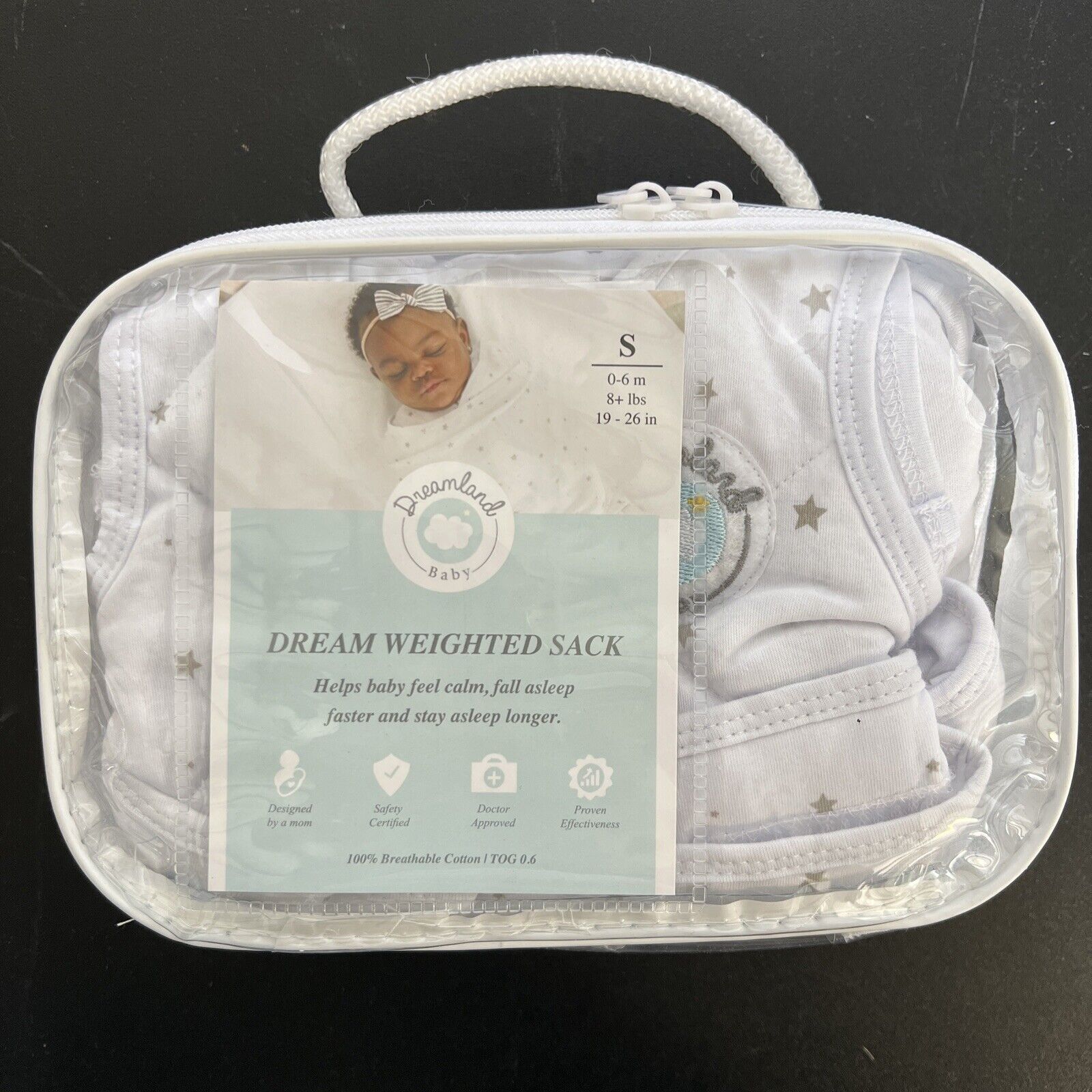 Dreamland Baby- Dream Weighted Sack - Small 0-6 Months White W/ Stars
