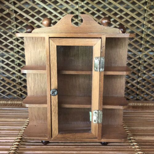 Vtg Miniature Wood Display Curio Cabinet Wall Or Table Top Case Glass Door 8x7''